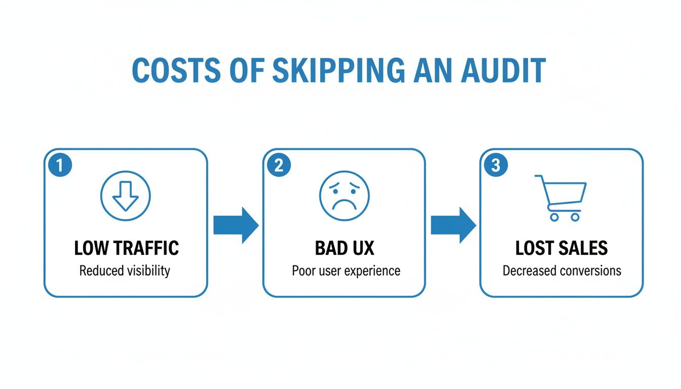 Flowchart illustrating the negative consequences of skipping an audit: low traffic, bad UX, and lost sales.