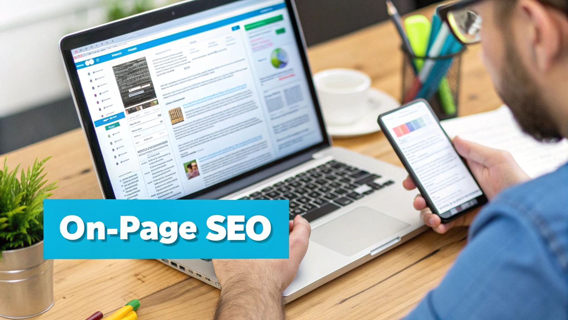 A person works on a laptop showing SEO analytics and holds a smartphone for On-Page SEO.