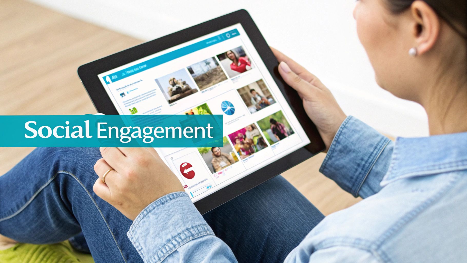 Woman engaging with social media on a tablet, displaying various photos, highlighted by 'Social Engagement' text.