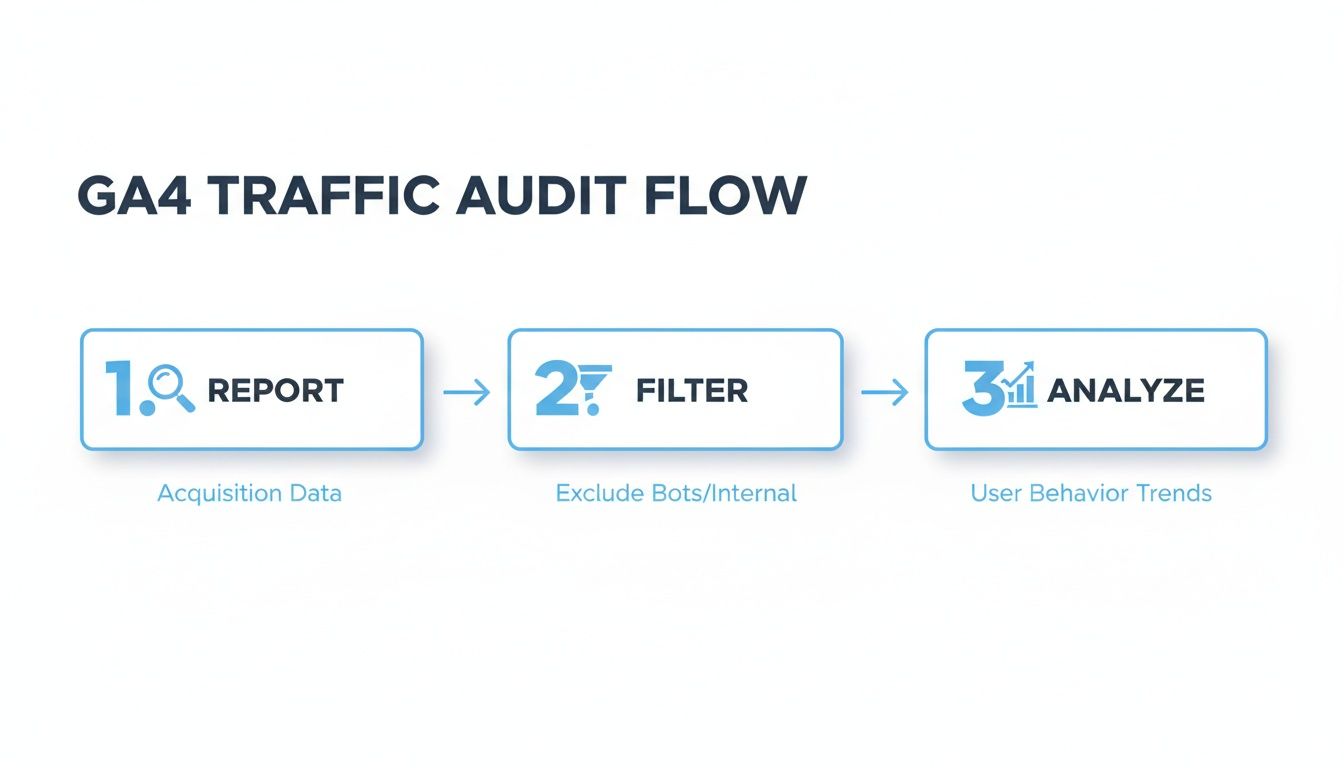 This image illustrates the GA4 Traffic Audit Flow with three steps: Report, Filter, and Analyze, detailing data acquisition, bot exclusion, and user behavior trends.