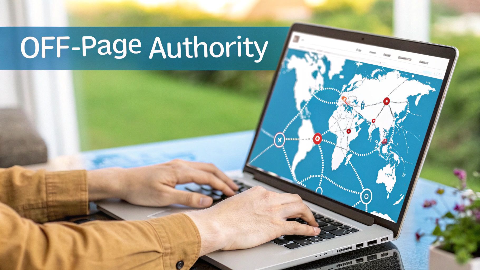 Person uses laptop displaying a global network map with 'OFF-Page Authority' text, highlighting SEO strategy.