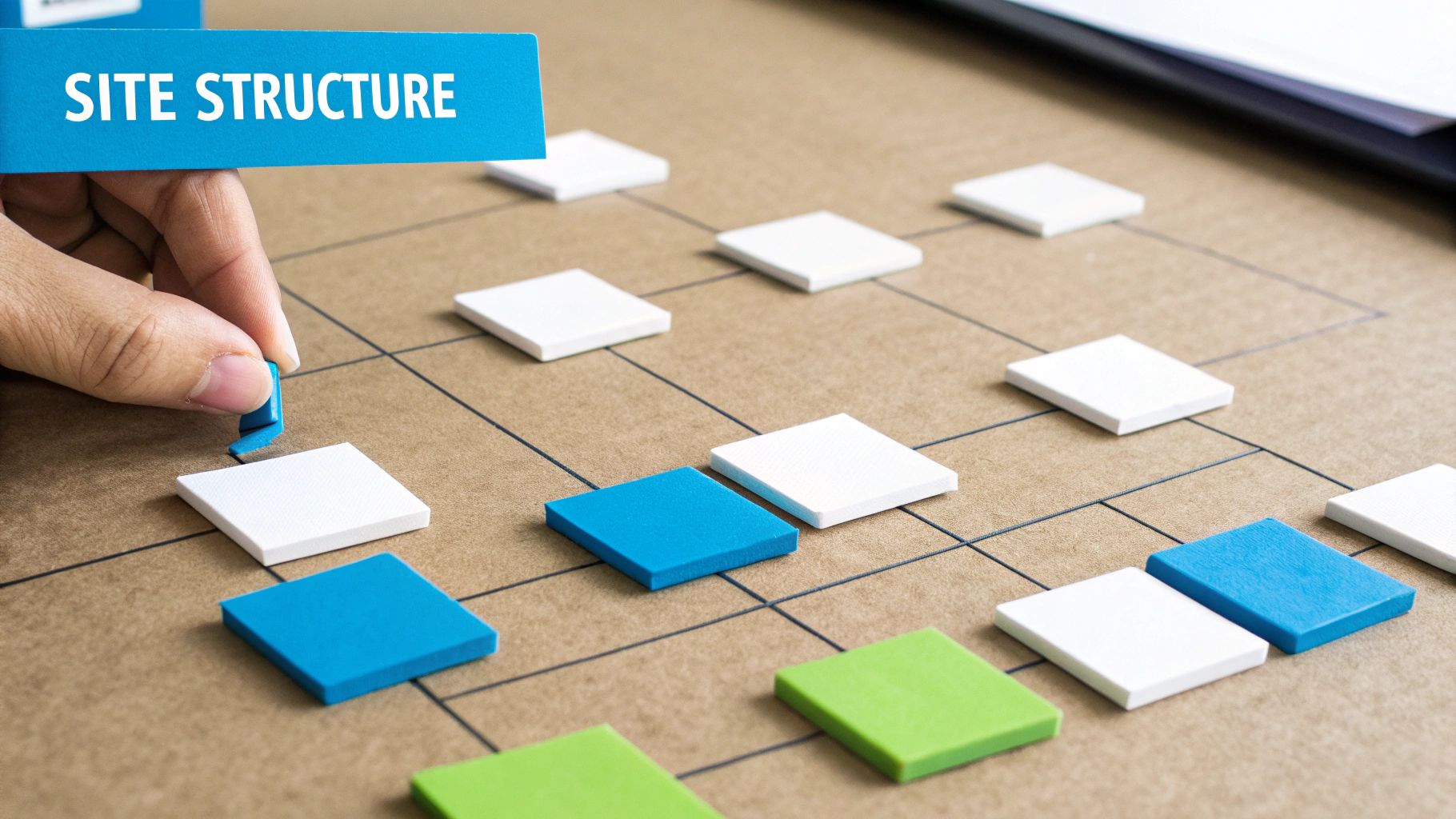 A hand places a blue tile on a grid, illustrating website structure and organization.