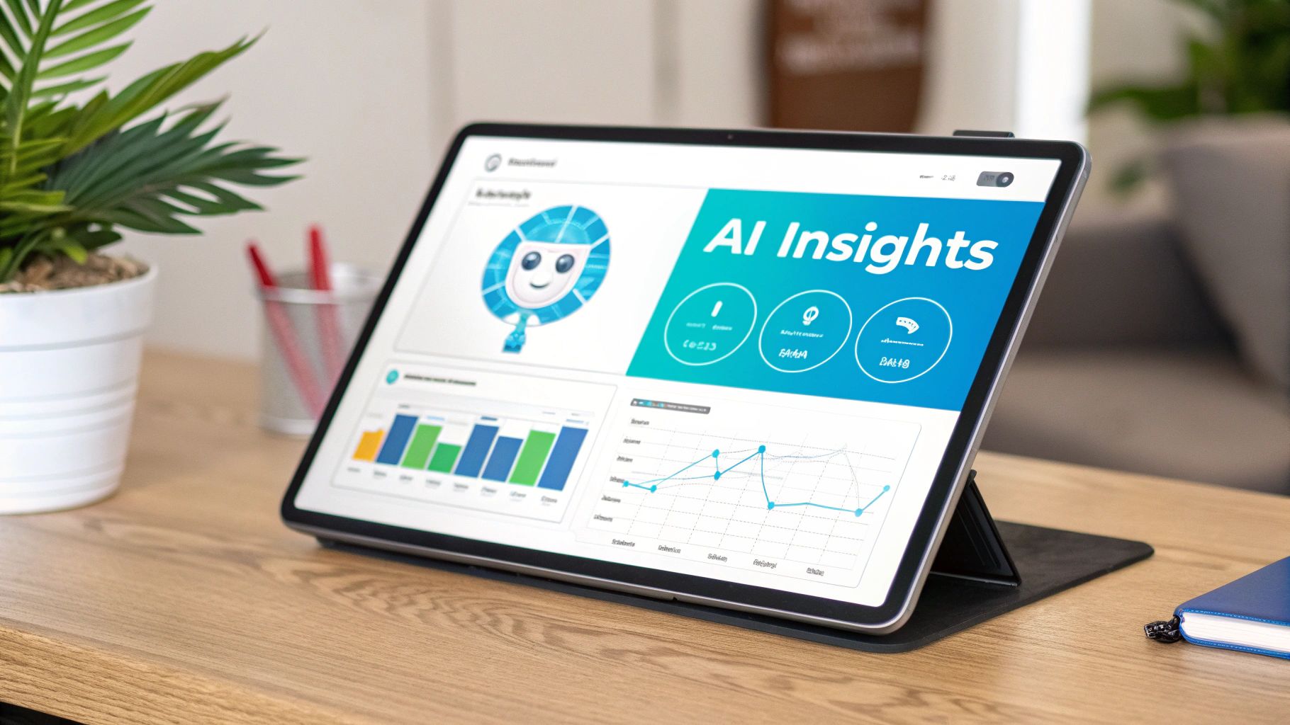 Tablet displaying AI insights dashboard with colorful charts, graphs, and analytics on wooden desk