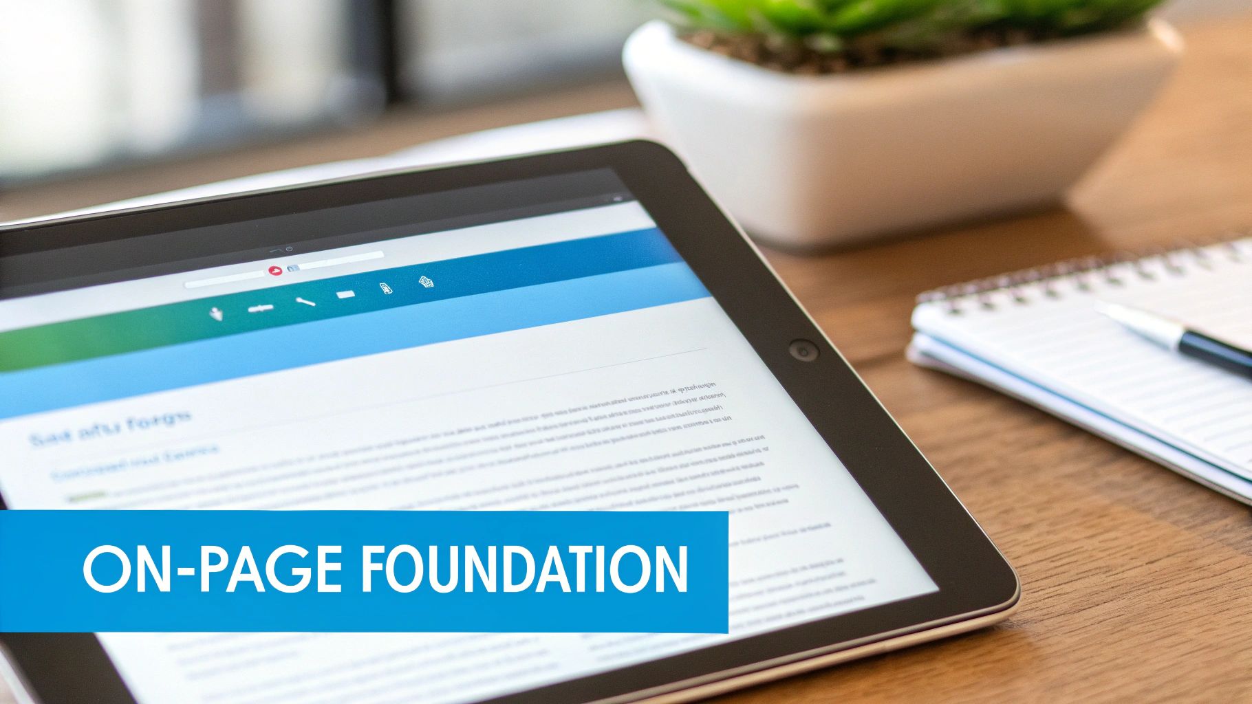A tablet on a wooden desk displays a webpage with an overlaid blue banner reading 'ON-PAGE FOUNDATION' for SEO.
