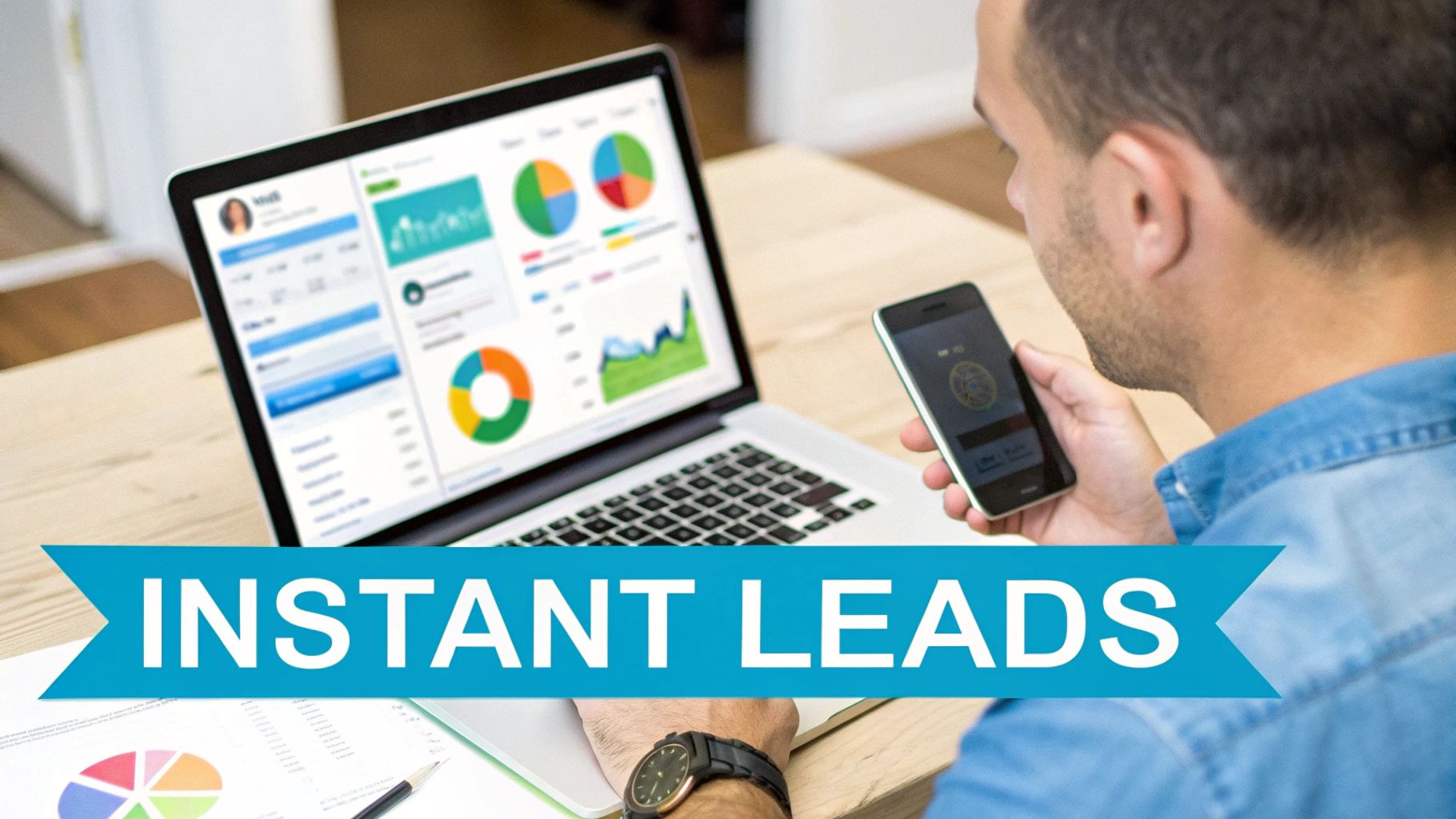 A man views his smartphone and laptop displaying business analytics charts, with a banner saying 'INSTANT LEADS'.