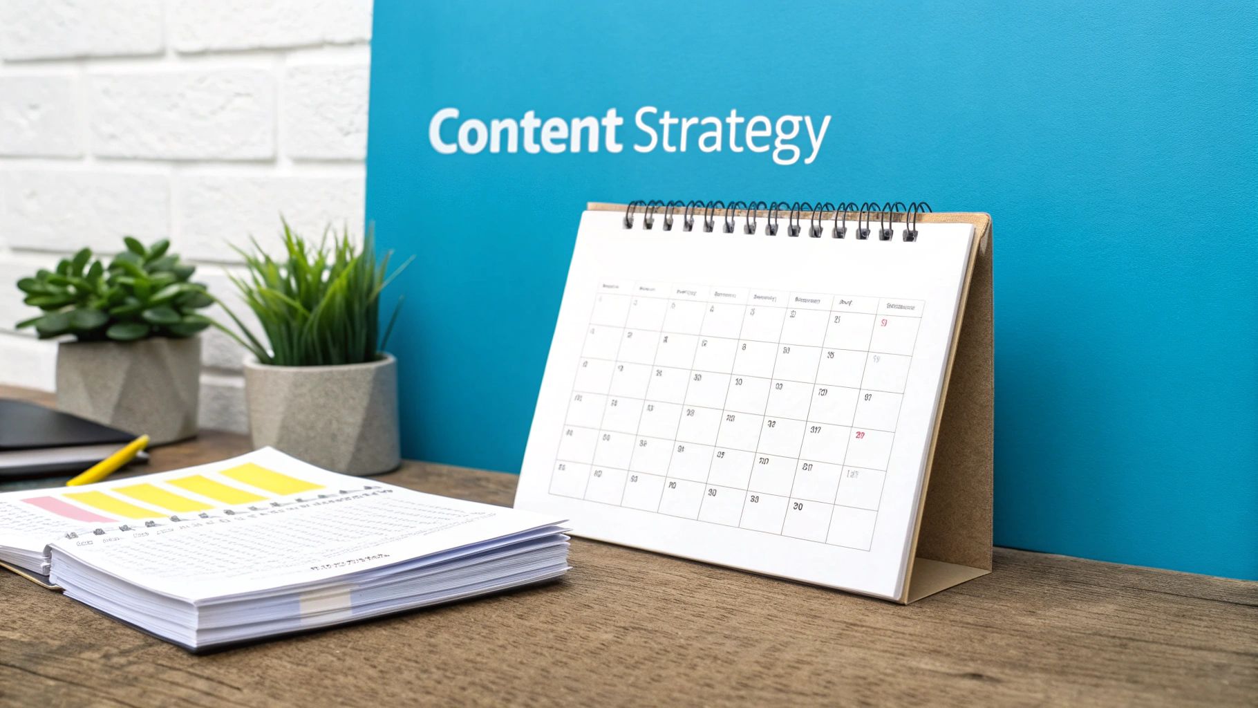 Desk setup with a 'Content Strategy' sign, desk calendar, and an open planner.