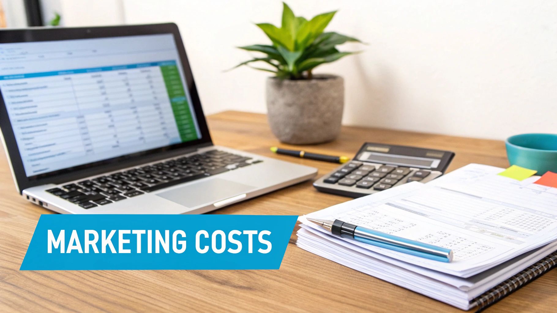A desk with a laptop, calculator, and papers, displaying a 'Marketing Costs' banner.