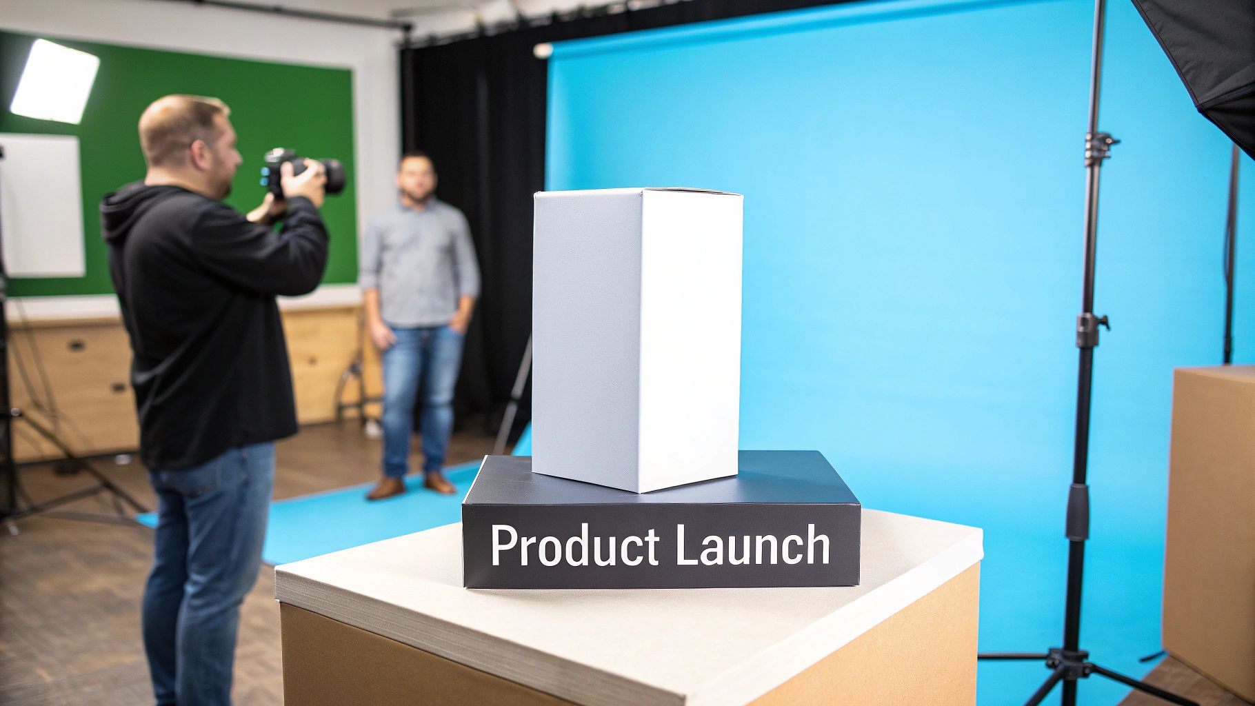 A photographer captures a white product box on a "Product Launch" stand in a studio setting.