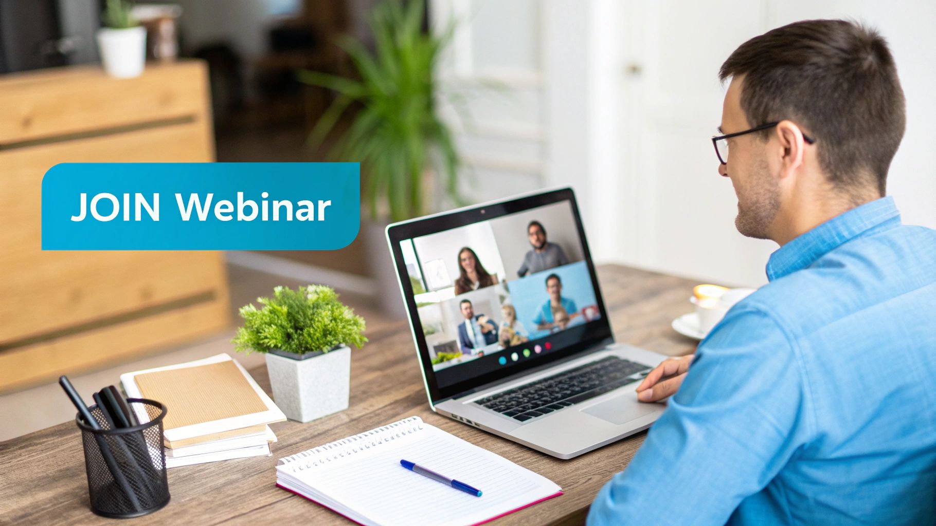 Man joining an online webinar on his laptop, with a 'JOIN Webinar' banner.