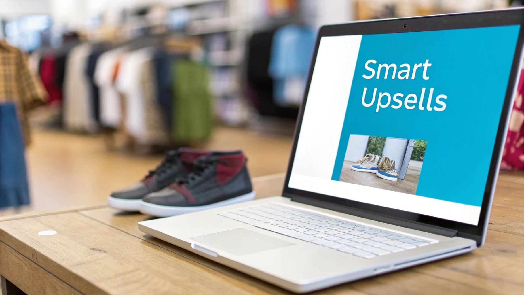 A laptop displaying 'Smart Upsells' on screen, with sneakers on a wooden table in a retail store.