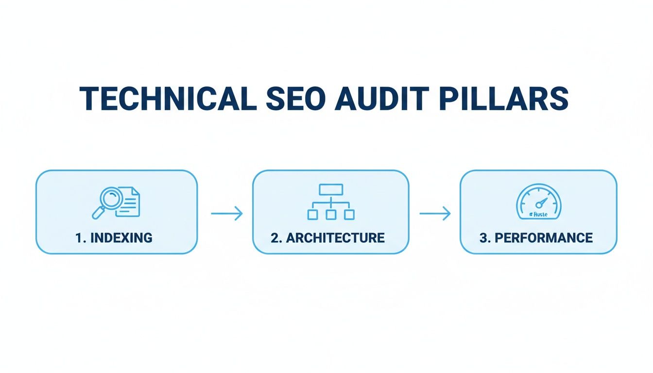 A clear infographic illustrating the three essential pillars of a technical SEO audit: indexing, architecture, and performance.