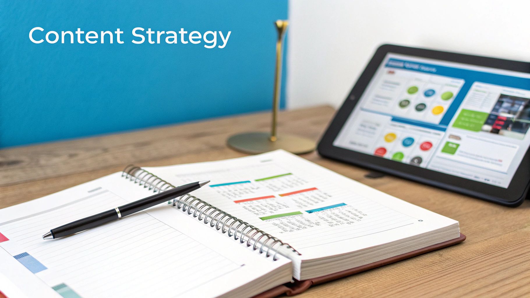 Text 'Content Strategy' on blue wall, with open planner, pen, and tablet on a wooden desk.
