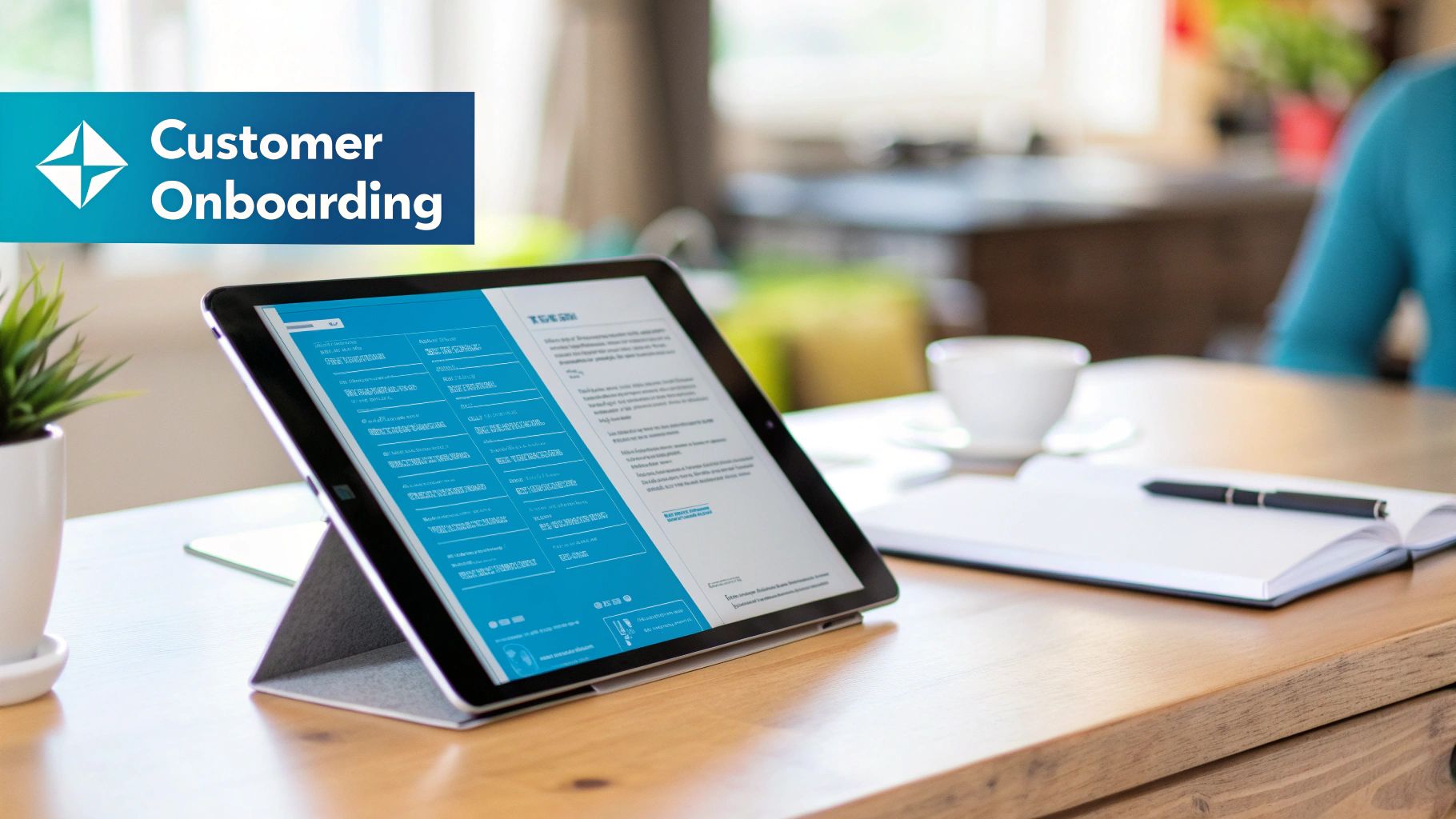 A tablet displaying 'Customer Onboarding' content, with a notebook, pen, and coffee cup on a wooden table.