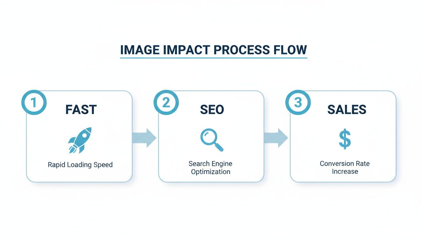 A three-step process flow showing how image optimization leads to rapid loading, better SEO, and increased sales.