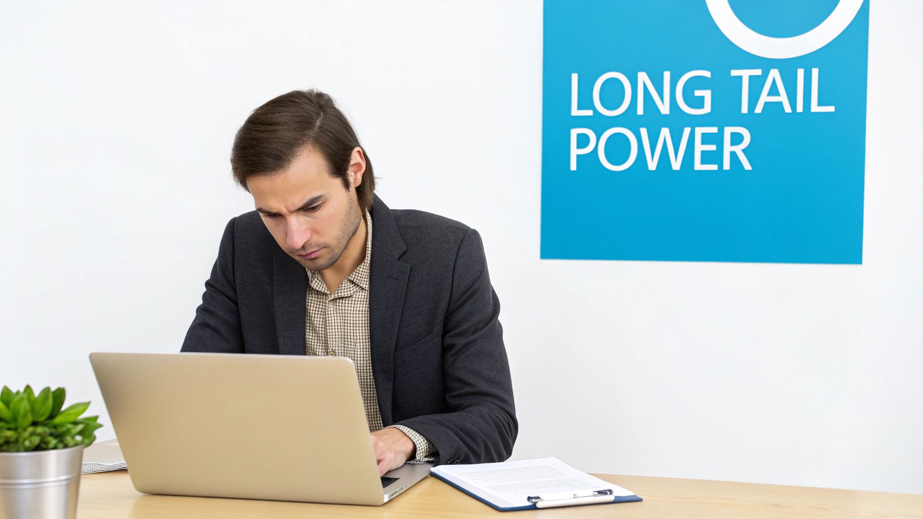 A person typing on a laptop with charts and graphs in the background, representing keyword research.