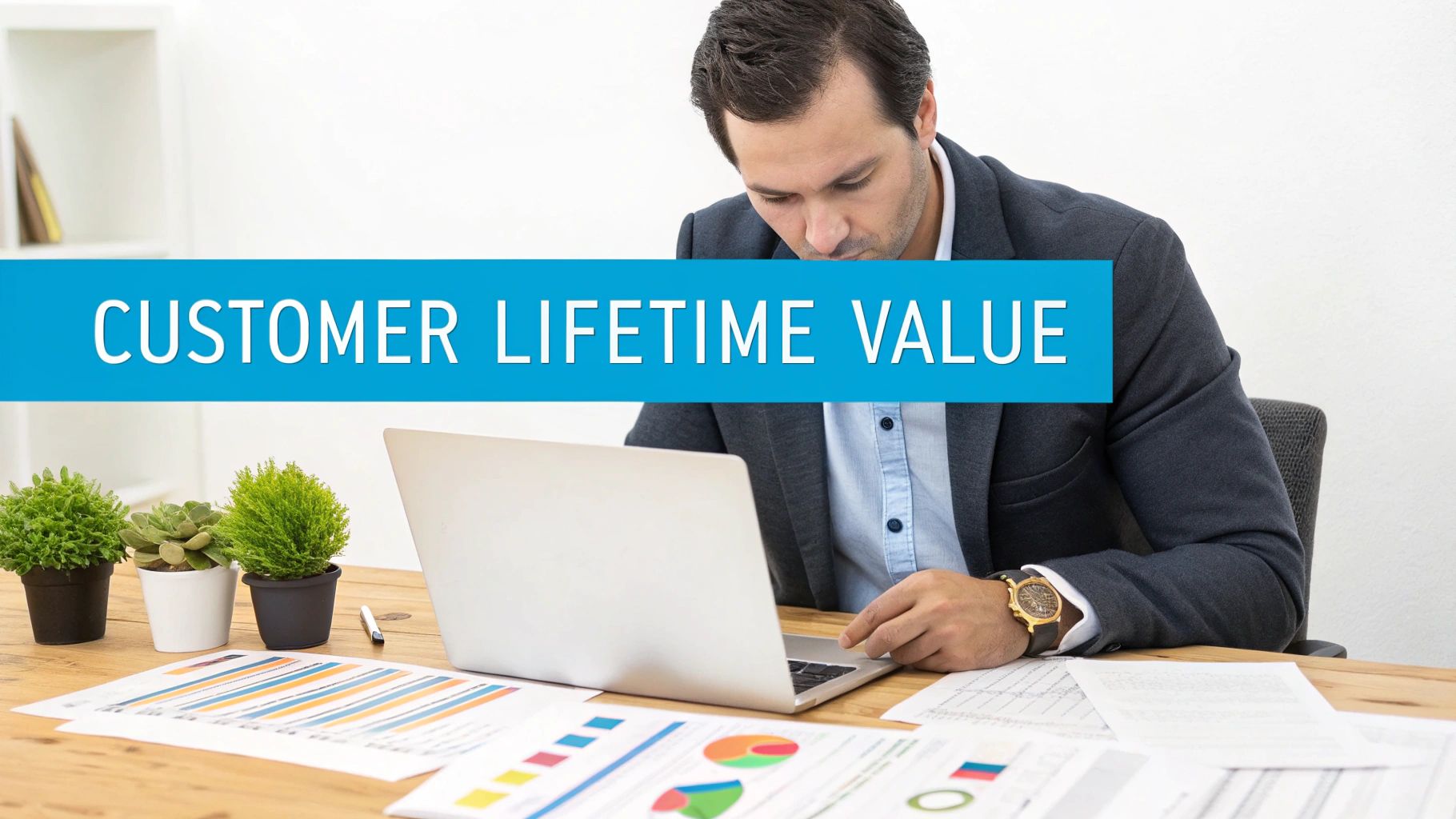 A man in a suit works on a laptop, surrounded by charts, with “Customer Lifetime Value” overlaid.