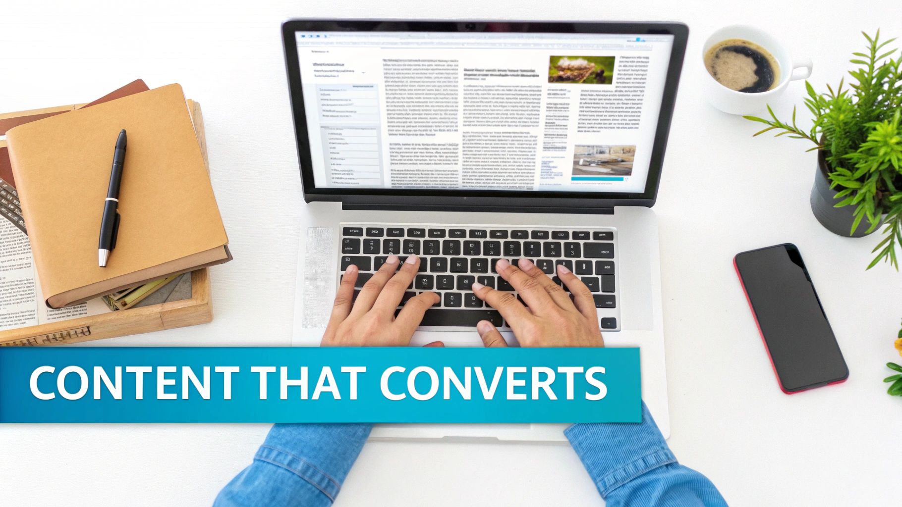 Overhead view of person typing 'CONTENT THAT CONVERTS' on a laptop with a modern workspace setup.