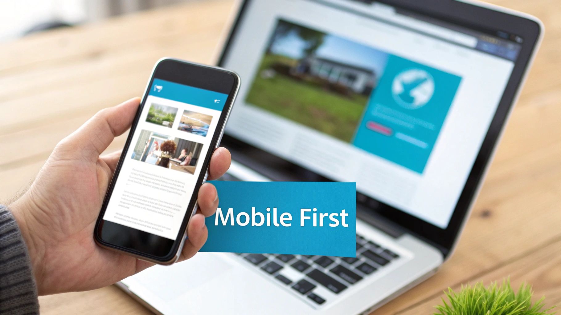 A hand holds a smartphone displaying a website, next to a laptop, with a 'Mobile First' banner.