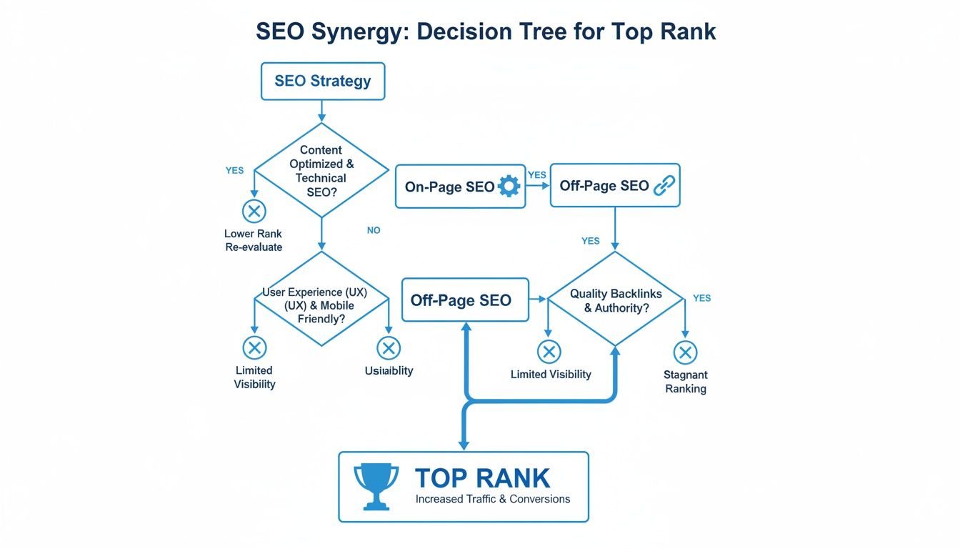 SEO decision tree flowchart showing steps for on-page and off-page SEO to achieve top rank.