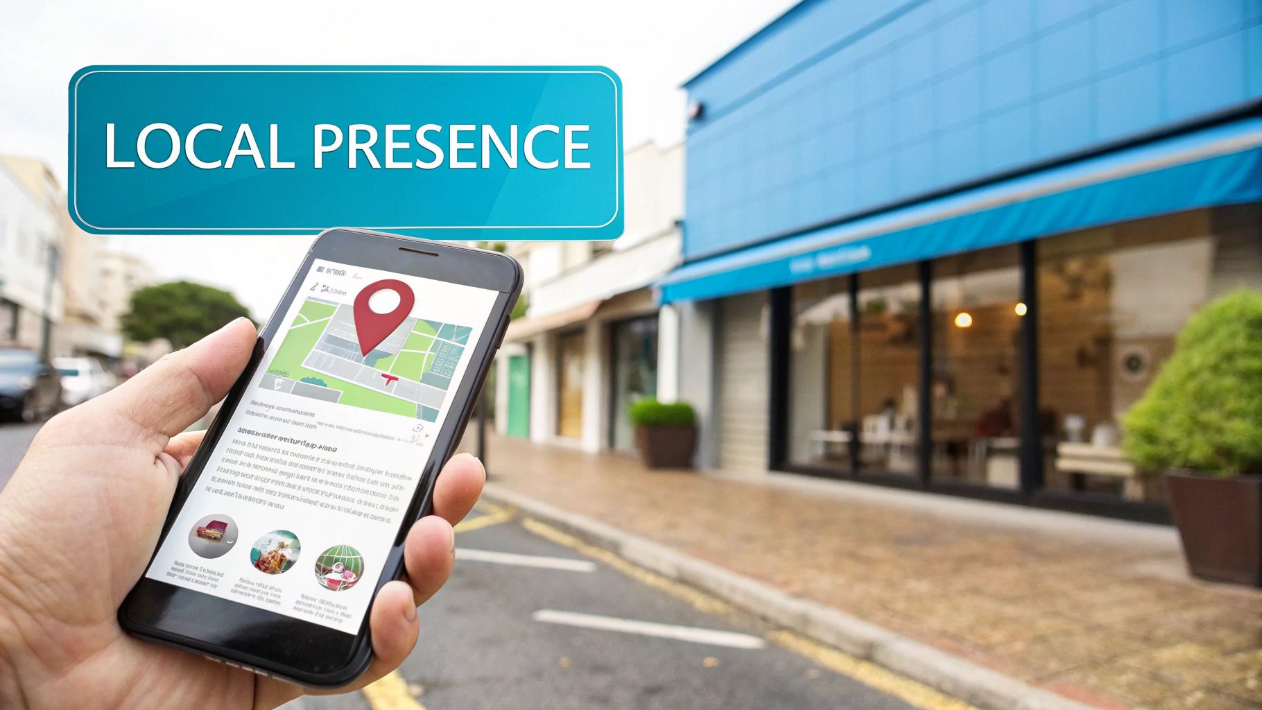 A hand holds a smartphone displaying a map with a location pin, with a 'LOCAL PRESENCE' banner.