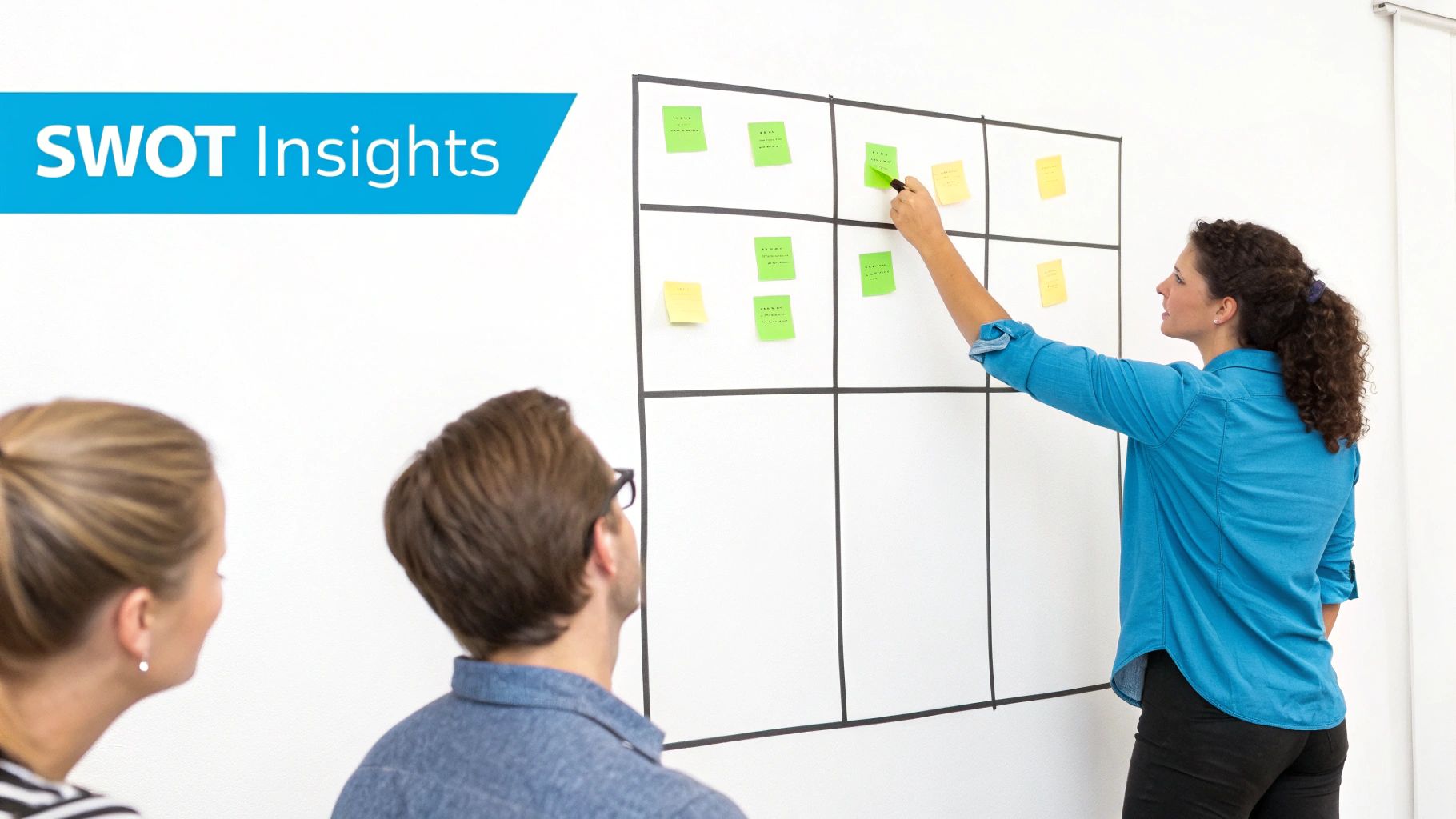 A team collaborating on a SWOT analysis, writing on sticky notes on a grid whiteboard during a meeting.