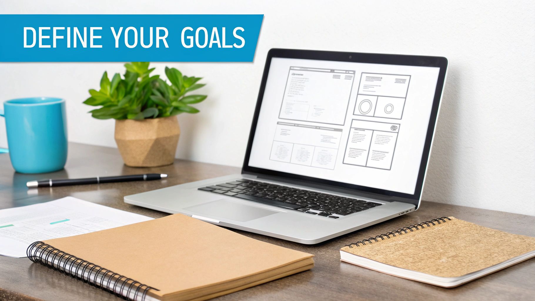 A modern workspace featuring a laptop displaying web design wireframes, notebooks, and a coffee mug.