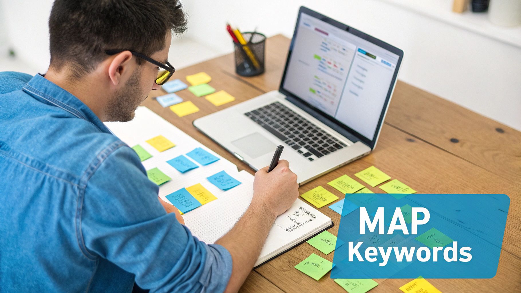A person at a desk with a laptop, mapping out a content strategy on a whiteboard, symbolizing the integration of keywords into content.