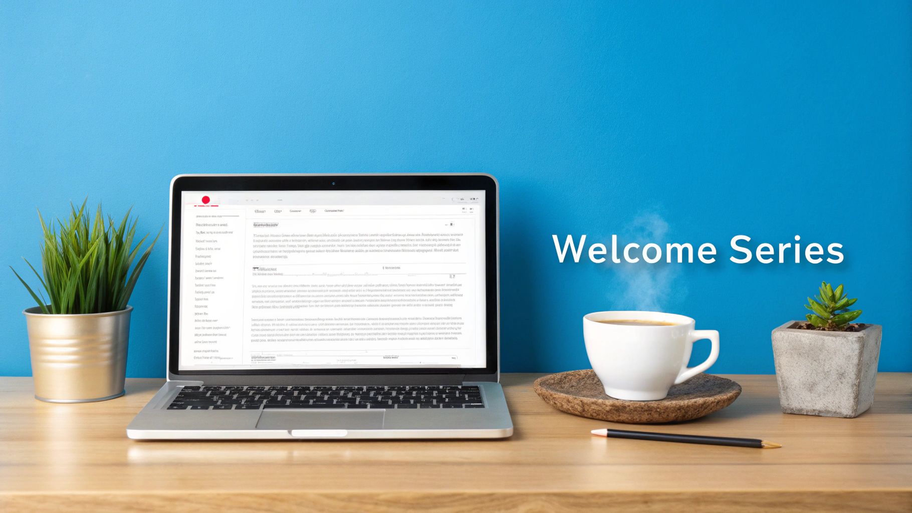 A laptop on a wooden desk with a coffee cup, plants, and 'Welcome Series' text on a blue wall.
