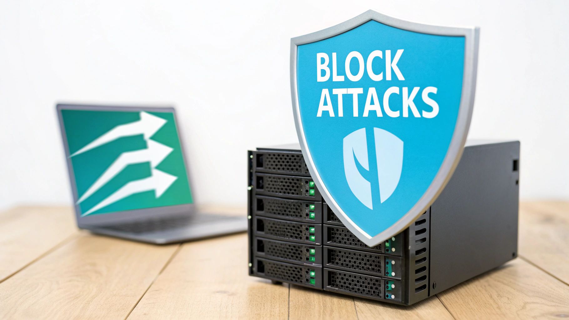 Blue shield with block attacks text protecting server infrastructure from cyber threats and malware