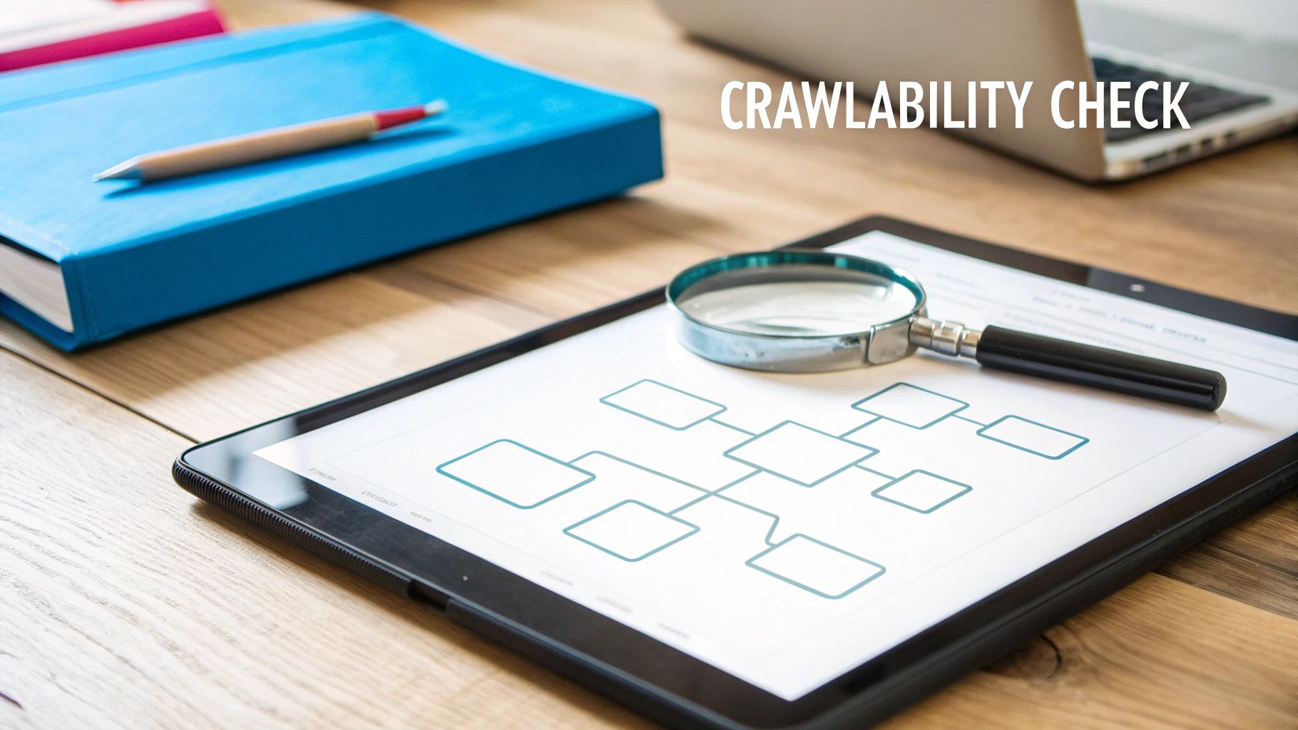 Magnifying glass on a tablet displaying a flowchart, with a notebook and laptop for crawlability check.