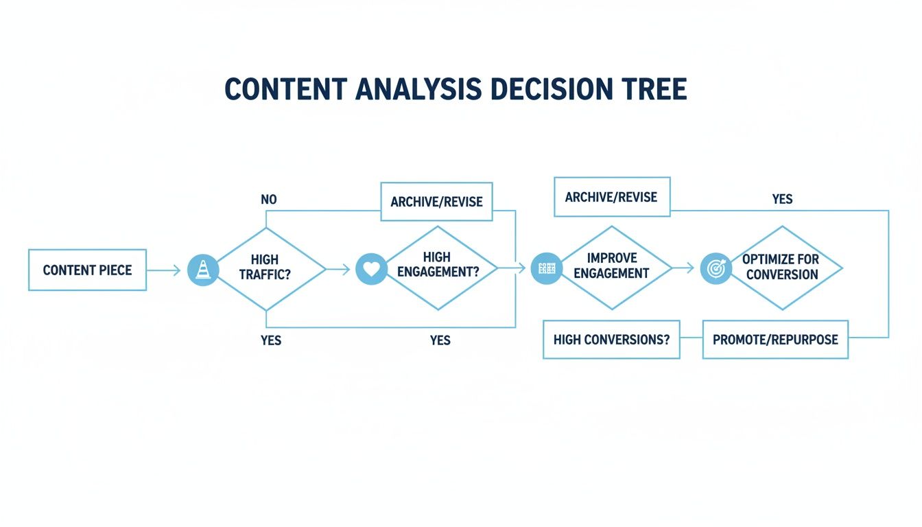 Content analysis decision tree flowchart guiding actions based on traffic, engagement, and conversions.