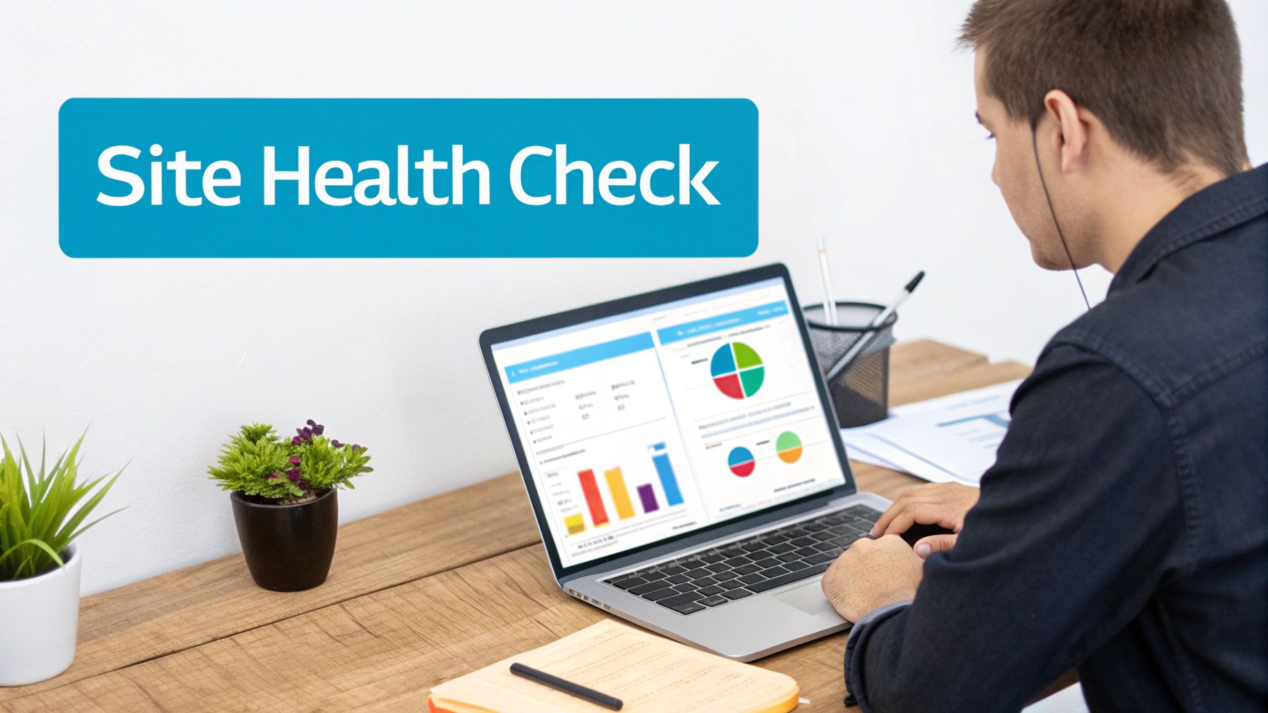 Man checking site health on a laptop displaying data charts at a wooden desk.