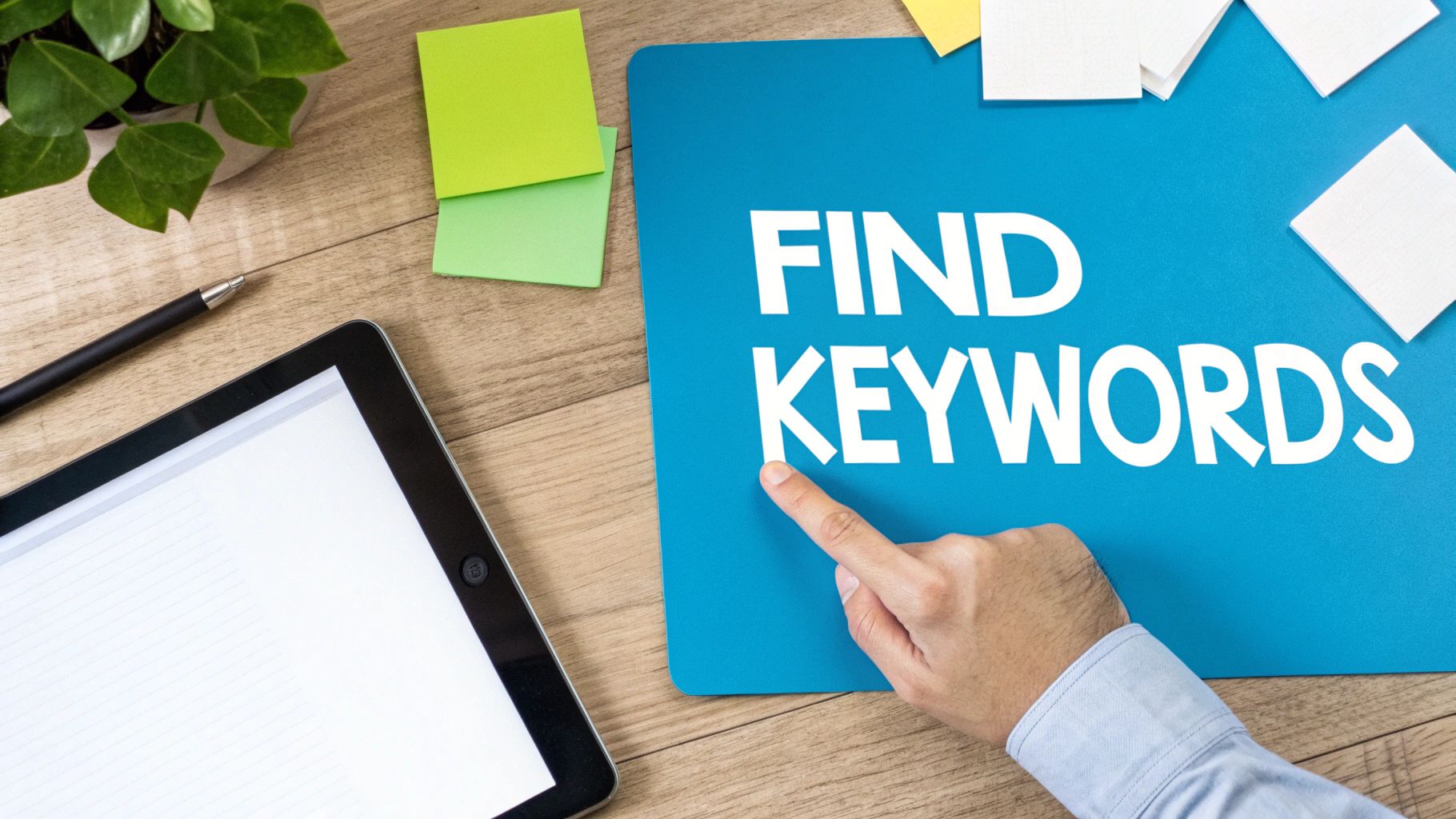 A hand points at 'FIND KEYWORDS' on a blue board, next to a tablet and office supplies.