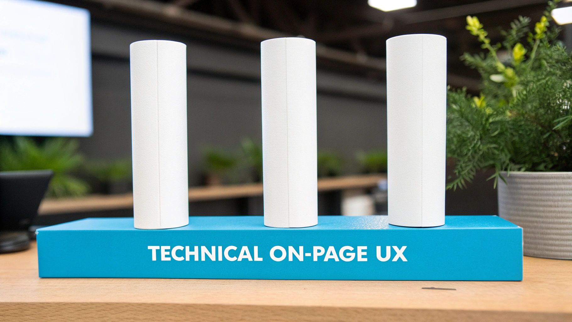 Three white cylindrical devices stand on a blue box labeled 'TECHNICAL ON-PAGE UX'.