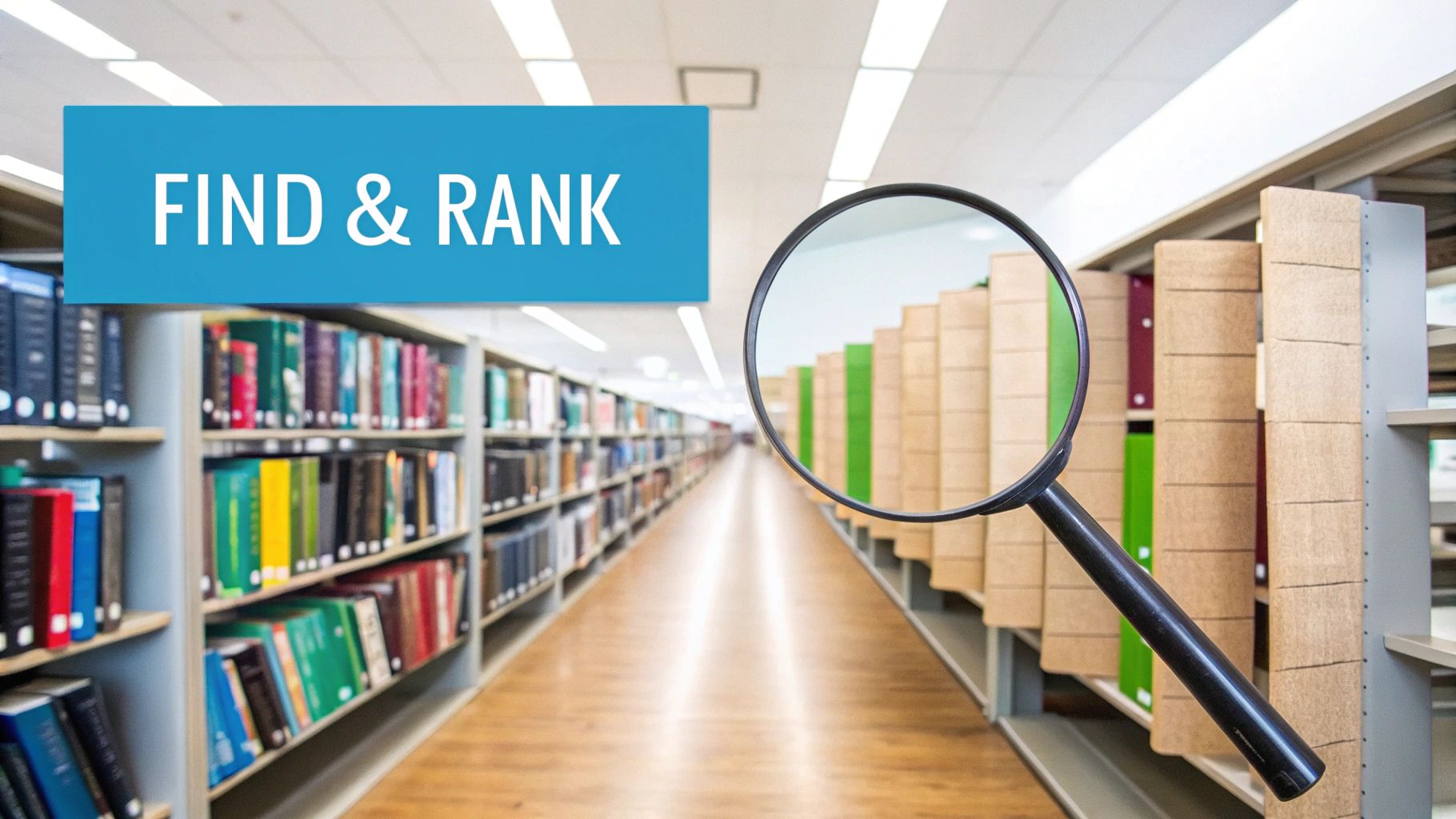 A magnifying glass in a library aisle with shelves of books and a blue banner saying 'FIND & RANK'.