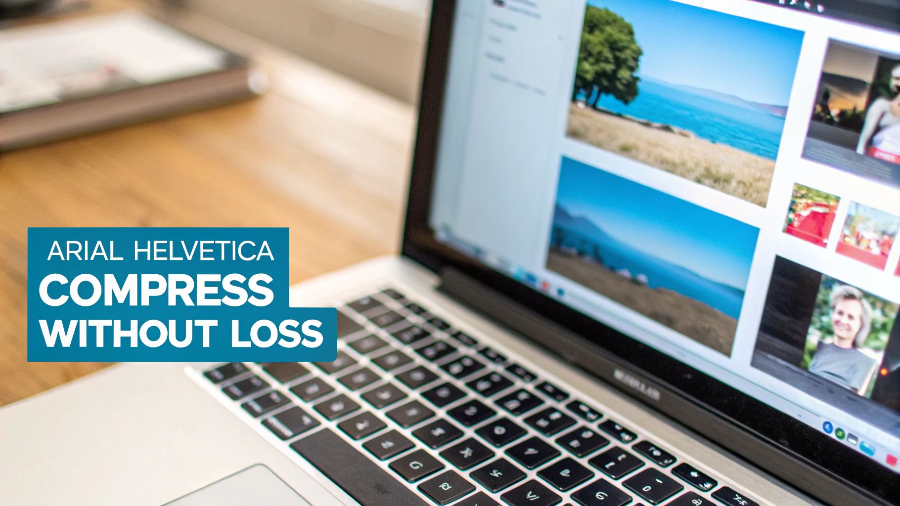 A laptop on a wooden desk displays a photo gallery and a teal banner with text about image compression.