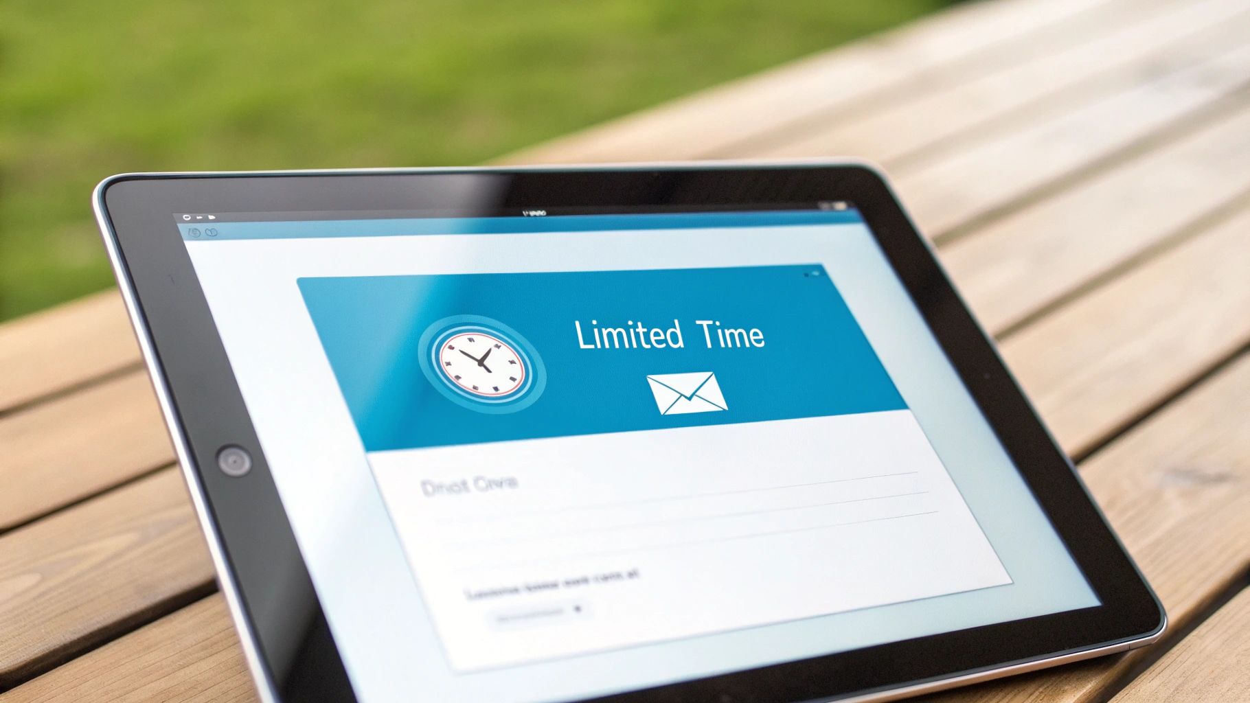 A close-up of a tablet screen displaying a notification or email with a 'Limited Time' headline, a clock, and an envelope icon.