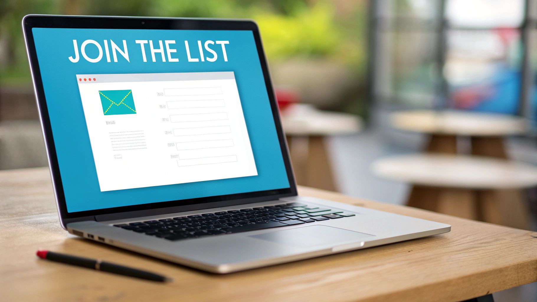 Laptop showing a 'Join the List' email signup form, perfect for digital marketing and lead generation.