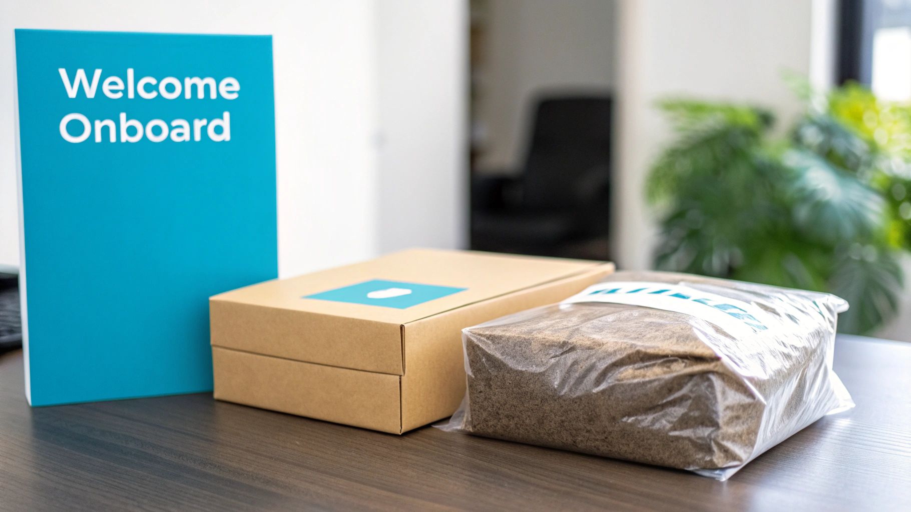 A 'Welcome Onboard' sign, a branded box, and a bag of soil on a desk, representing a new hire kit.