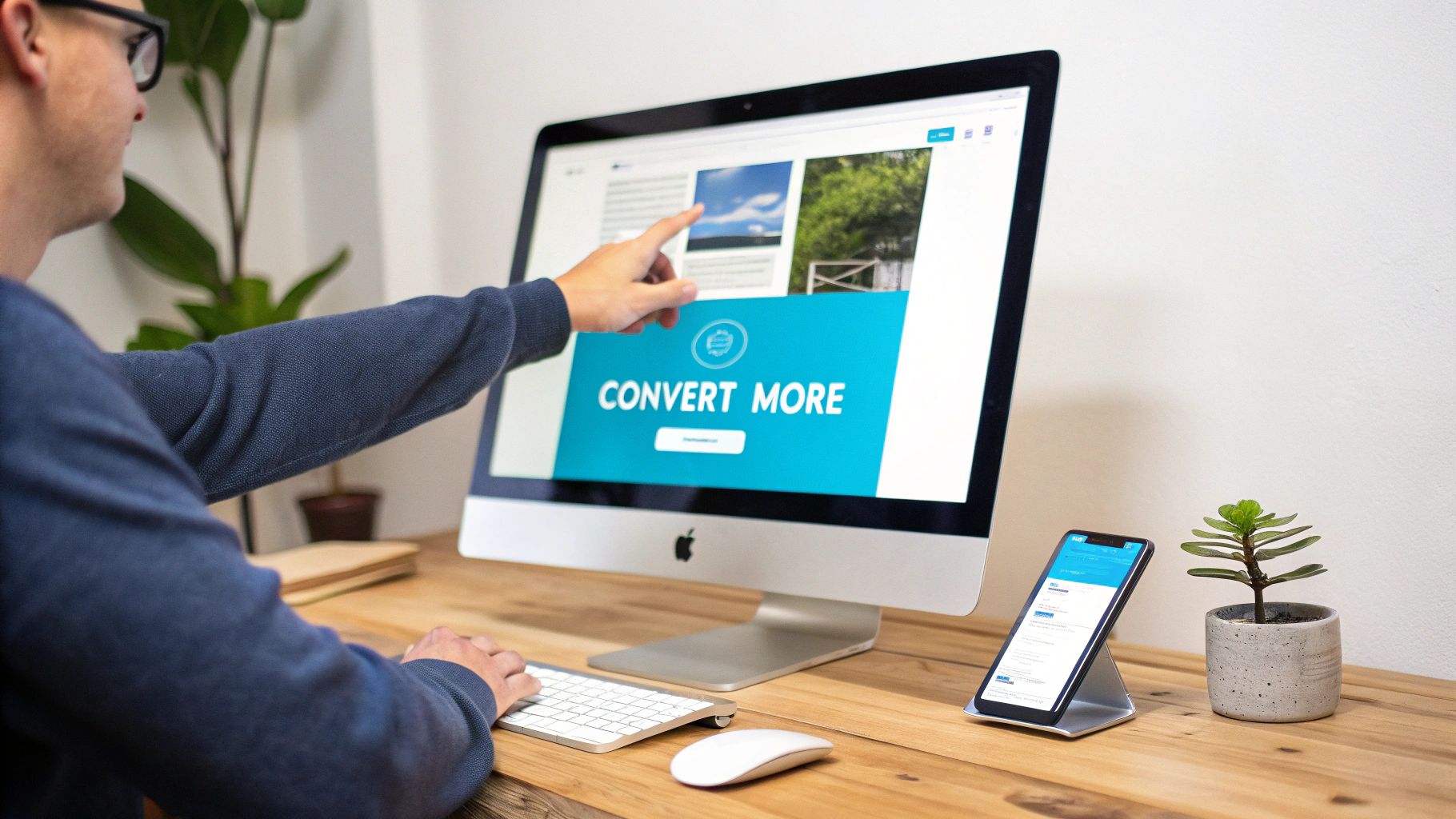 Man points at a computer screen displaying 'Convert More' content, with a phone and keyboard.