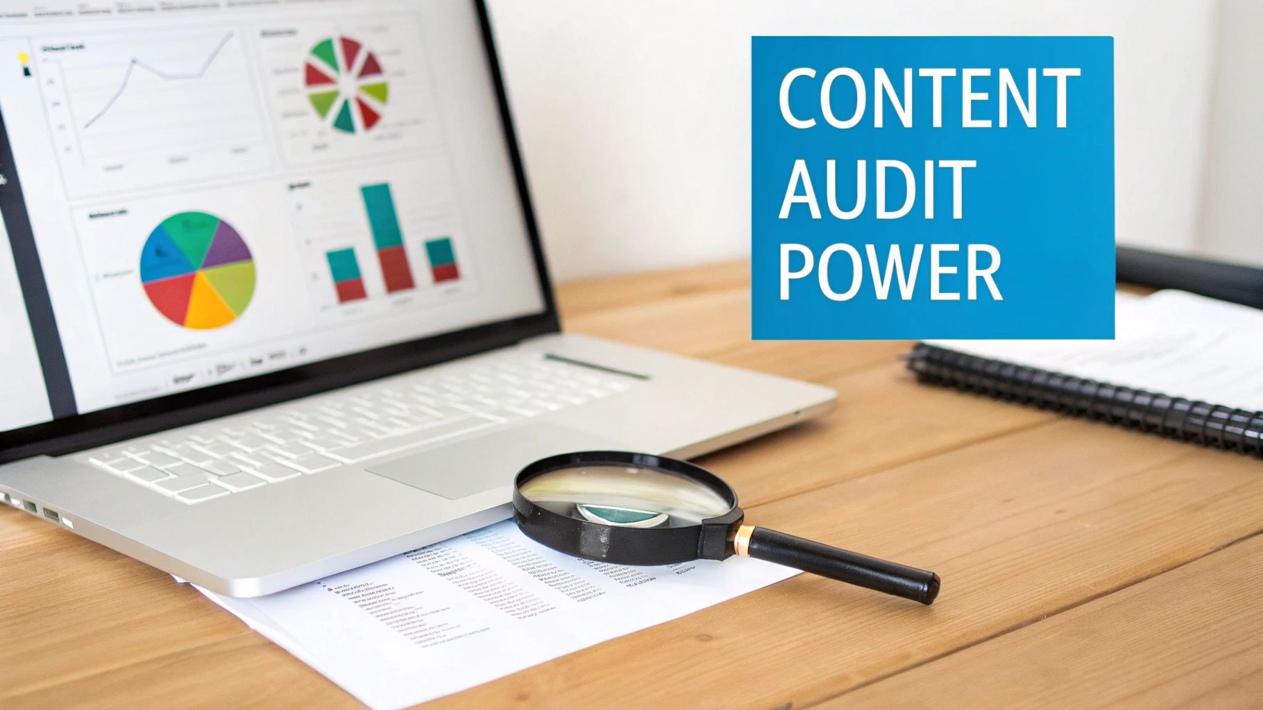 A laptop displays an analytics dashboard with charts, a magnifying glass on a document, and text 'CONTENT AUDIT POWER'.