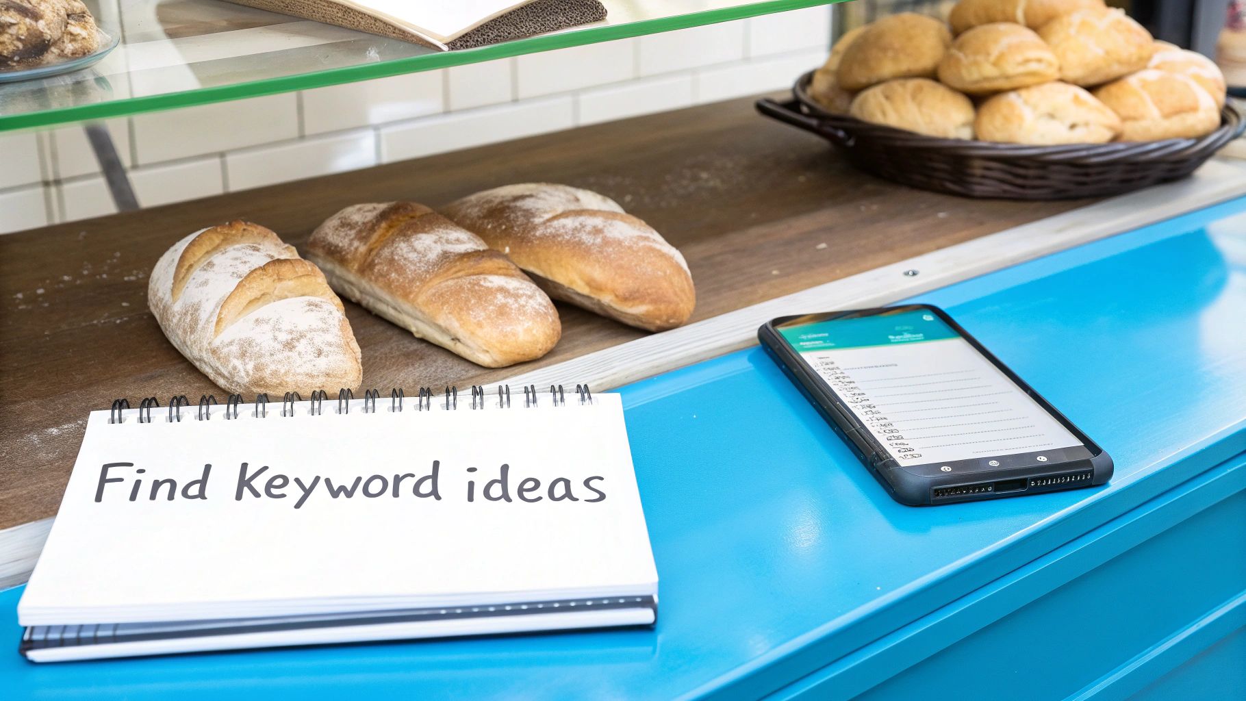 A person brainstorming long tail keyword ideas on a laptop, with sticky notes on the wall behind them.