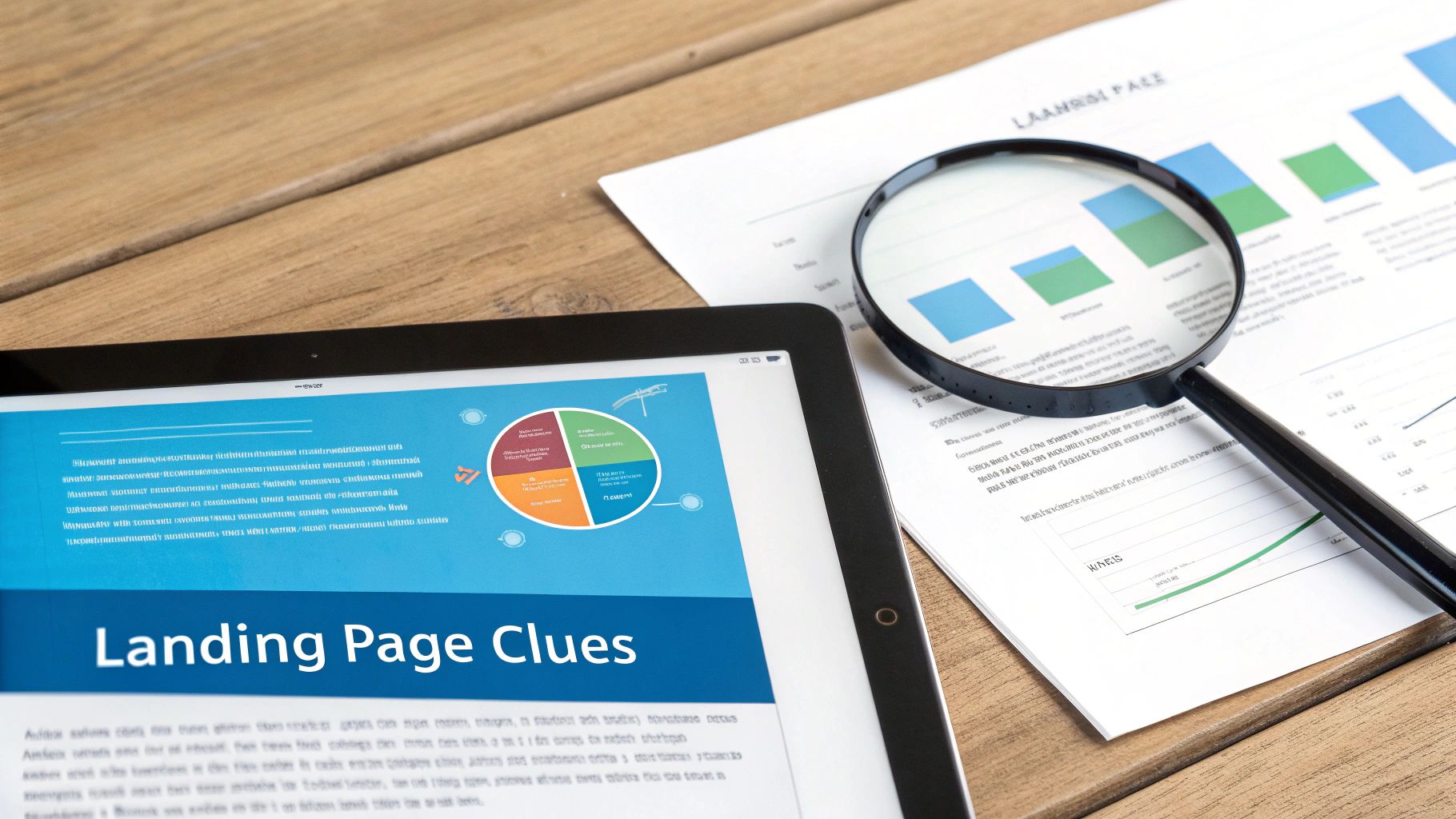 A tablet shows a 'Landing Page Clues' presentation next to a document with graphs and a magnifying glass on a wooden desk.