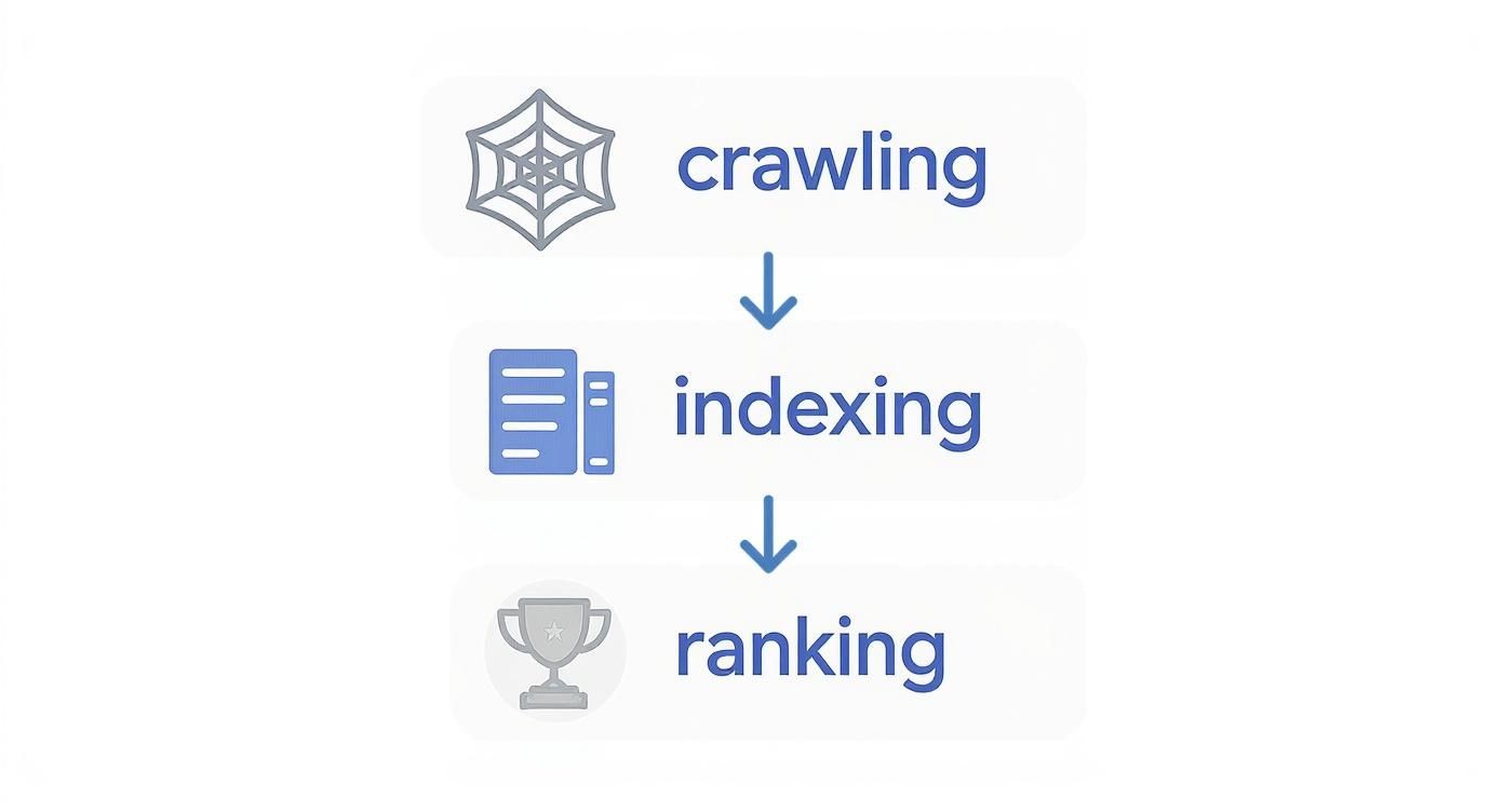 Infographic showing the three-step process of how search engines work, starting with Crawling, then Indexing, and finally Ranking.
