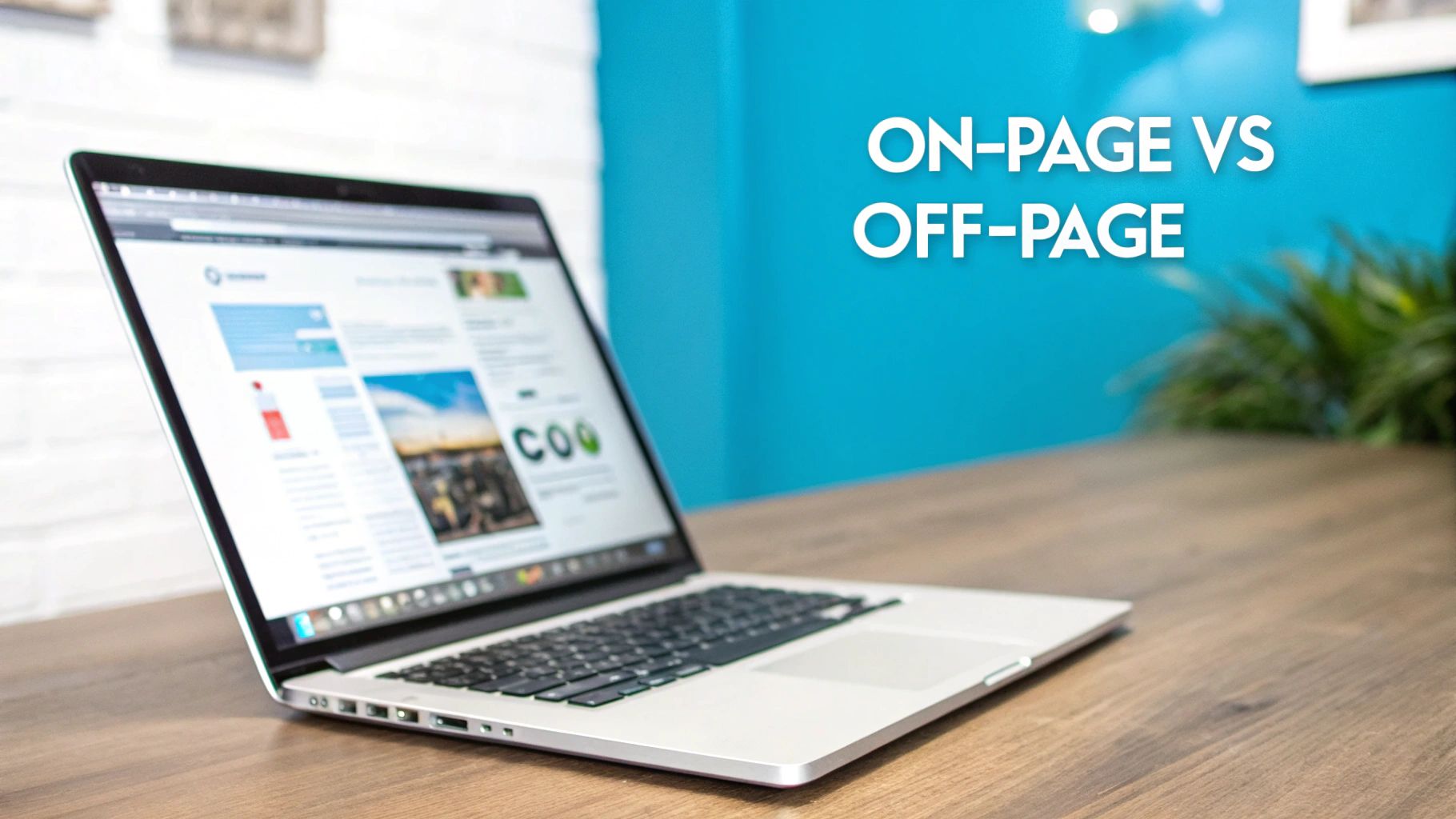 A laptop showing a webpage on a wooden desk with "ON-PAGE VS OFF-PAGE" text on a blue wall.