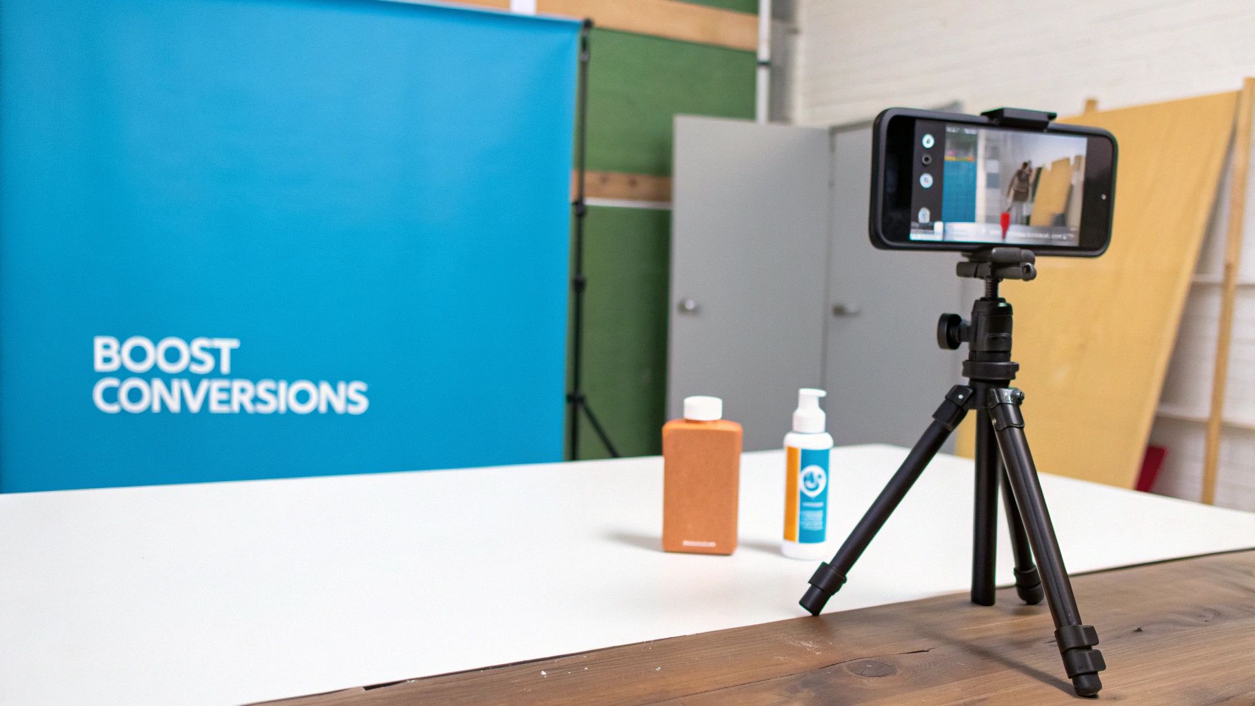 A smartphone on a tripod recording two product bottles in a studio with a "BOOST CONVERSIONS" backdrop.