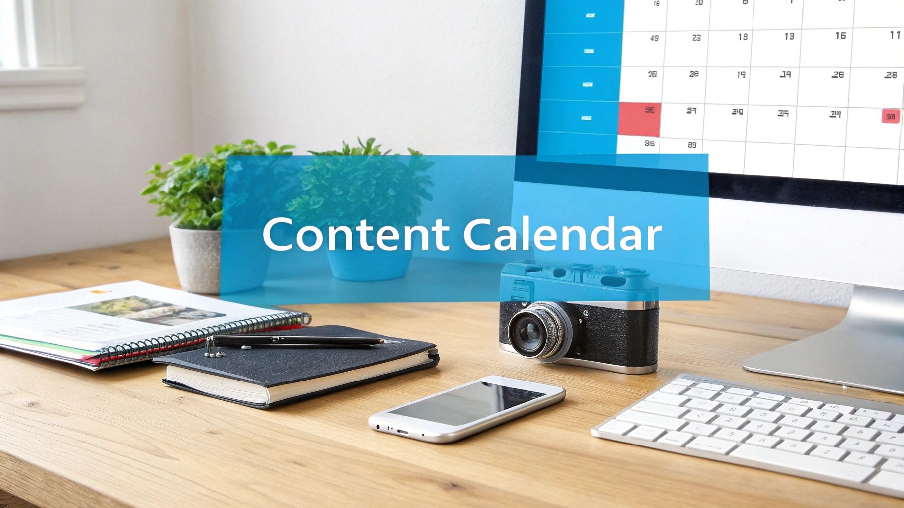 Desk setup with computer showing a content calendar, camera, smartphone, notebooks, and plants.