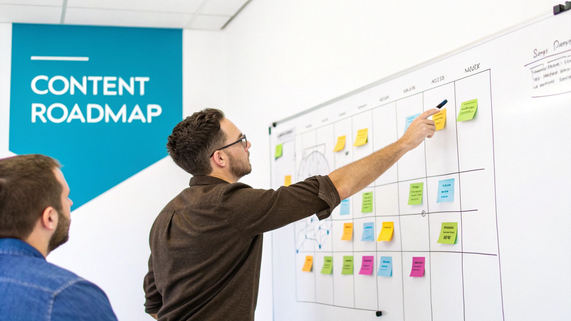 Two men collaborate on a content roadmap whiteboard with sticky notes in an office.