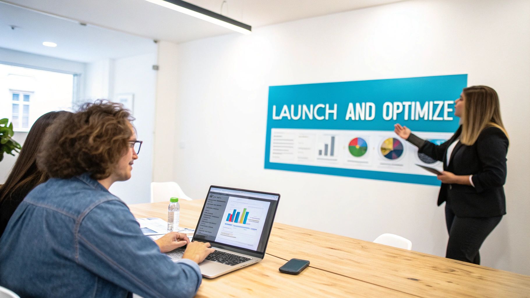 A woman presents marketing data and charts to two colleagues during a business meeting.