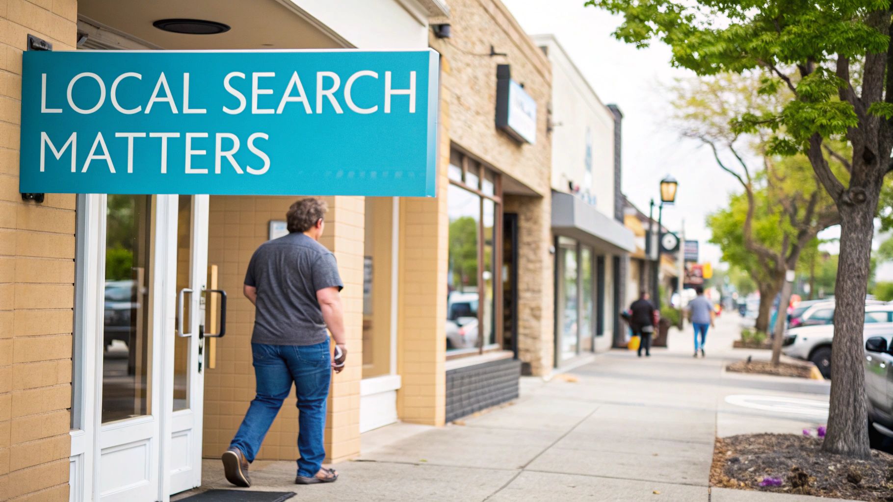 A man walks into a storefront displaying a blue sign that reads 'LOCAL SEARCH MATTERS'.
